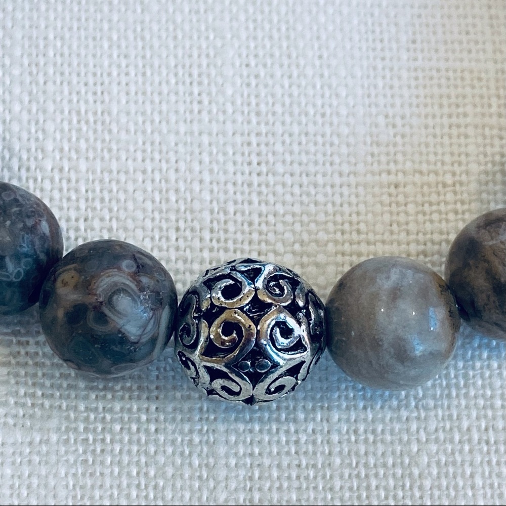 Handcrafted Fossil Coral Beaded Stretch Bracelet 10mm Gemstones & Silver-Plated - Picture 6 of 10